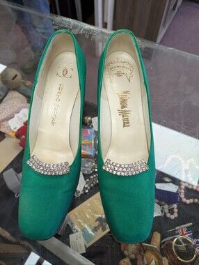 1960s Neiman Marcus Emerald Green Satin Rhinestone-Embellished Pumps